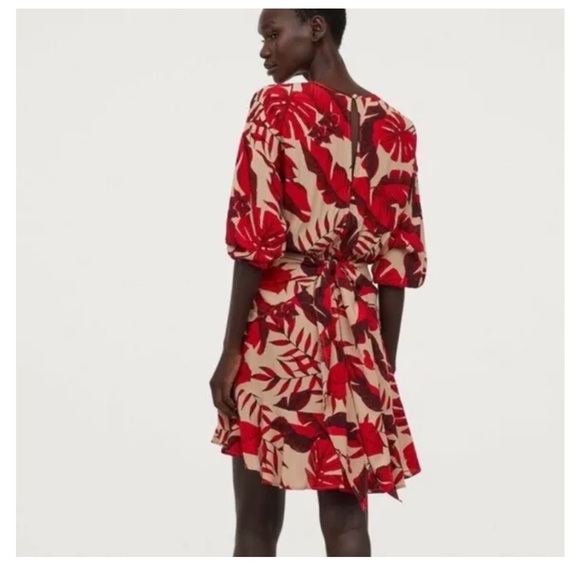 NEW without tags:Johanna Ortiz X H&M Flounced Leaf Print Dress Red - $100 Size M - Picture 3 of 5